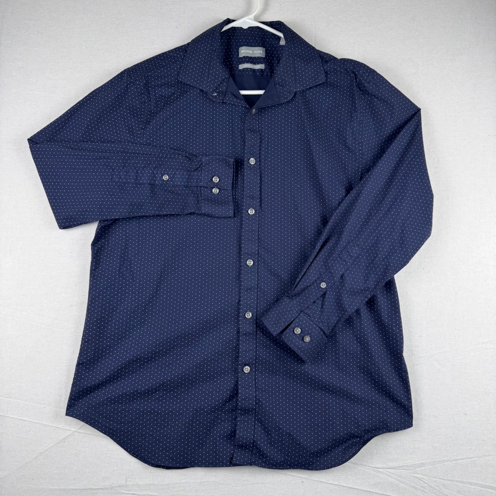 Michael Kors Mens Navy Blue Polka Dot Slim Fit Stretch Button Down Shirt L 16.5